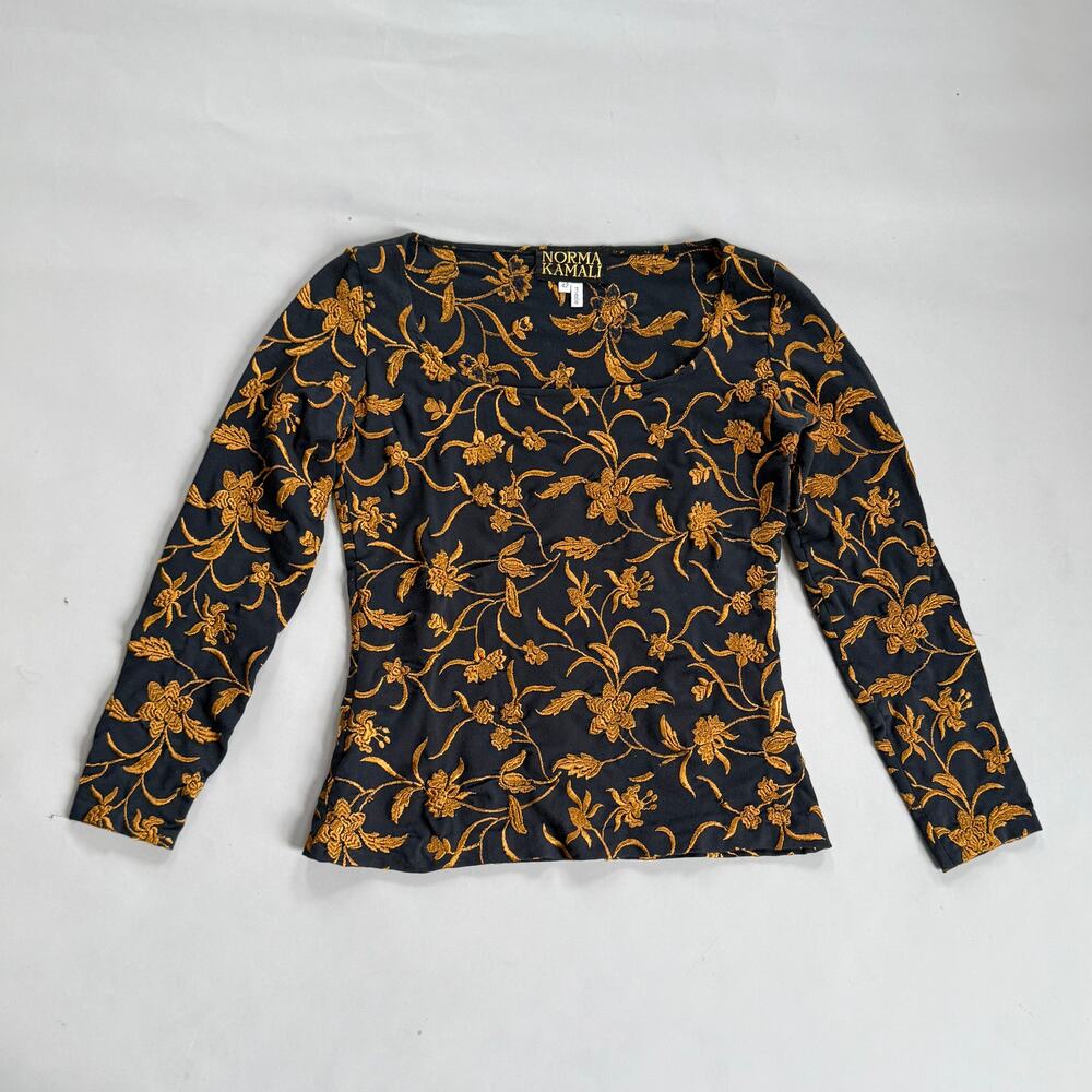 VTG 80s Norma Kamali Embroidered Scoop Neck Top Jersey Long Sleeve Italy size 42